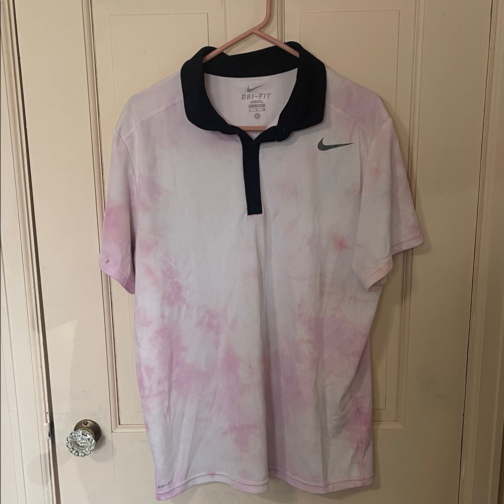 Nike White and Pink Tie-Dye Dri-FIT Polo with Black Collar